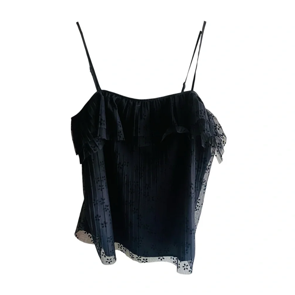 J.Crew Fluttery Lace Cami Sz XS $88 Black Tulle Mesh Top Ruffled Tank Whimsigoth